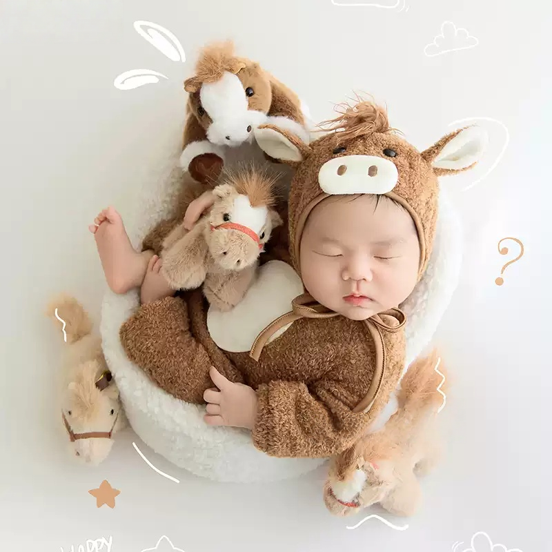 2026 Newborn Khaki Furry Horse Theme Set - Rustic Horse Newborn Photography Props